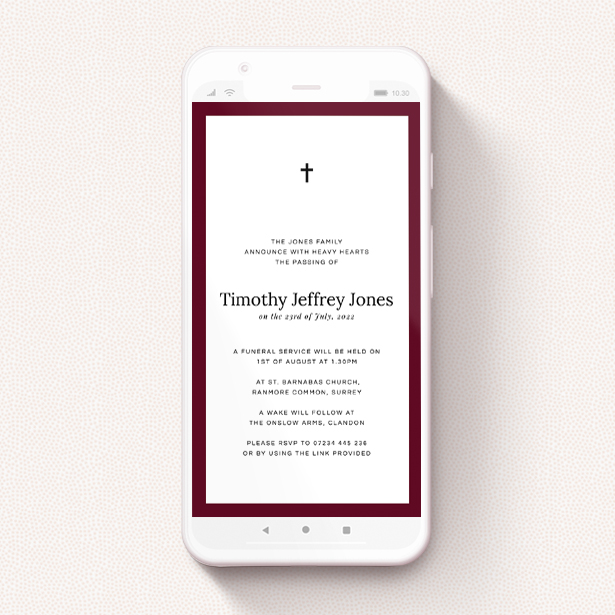 A funeral announcement for whatsapp template titled "Thick Maroon". It is a smartphone screen sized announcement in a portrait orientation. "Thick Maroon" is available as a flat announcement, with tones of burgundy and white.