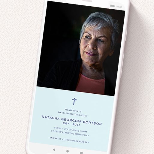 A funeral announcement for whatsapp design titled 'Thin Blue'. It is a smartphone screen sized announcement in a portrait orientation. It is a photographic funeral announcement for whatsapp with room for 1 photo. 'Thin Blue' is available as a flat announcement, with mainly blue colouring.