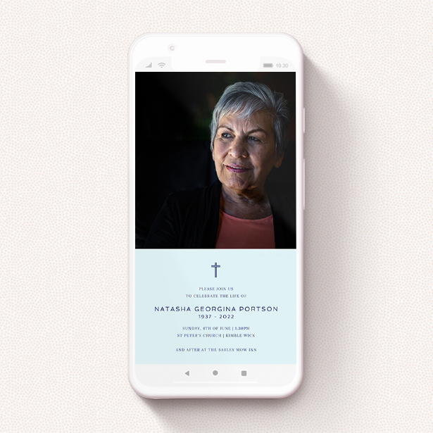 A funeral announcement for whatsapp design titled "Thin Blue". It is a smartphone screen sized announcement in a portrait orientation. It is a photographic funeral announcement for whatsapp with room for 1 photo. "Thin Blue" is available as a flat announcement, with mainly blue colouring.