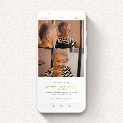 A funeral announcement for whatsapp template titled "Three Thirds". It is a smartphone screen sized announcement in a portrait orientation. It is a photographic funeral announcement for whatsapp with room for 2 photos. "Three Thirds" is available as a flat announcement, with tones of white and gold.