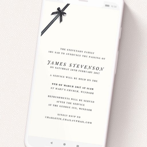 A funeral announcement for whatsapp design titled 'Tied in the corner'. It is a smartphone screen sized announcement in a portrait orientation. 'Tied in the corner' is available as a flat announcement, with tones of pale cream and faded black.