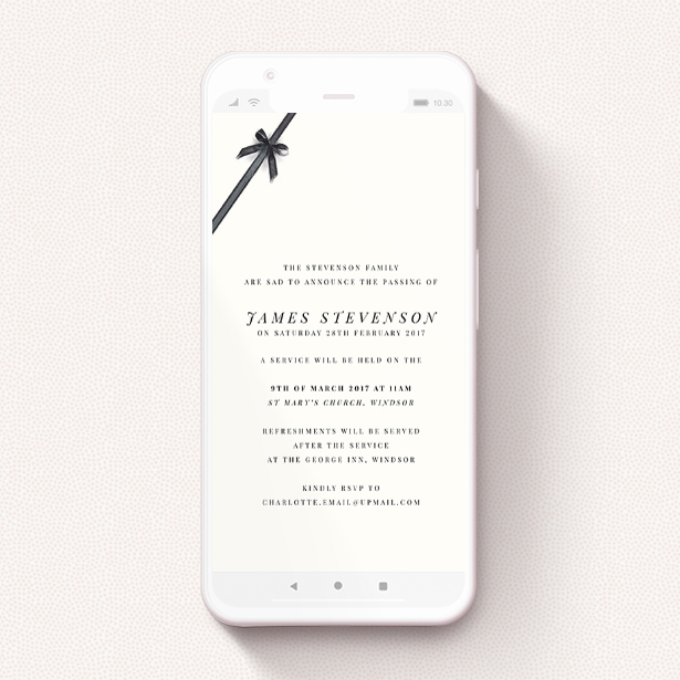 A funeral announcement for whatsapp design titled "Tied in the corner". It is a smartphone screen sized announcement in a portrait orientation. "Tied in the corner" is available as a flat announcement, with tones of pale cream and faded black.