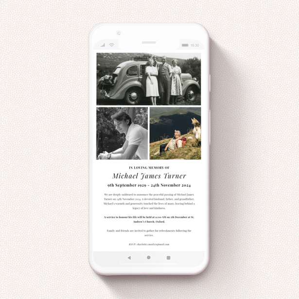 Funeral announcement for WhatsApp with three photos, featuring a classic car and individuals, a person outdoors, and a young man, designed for personalised memorial messages.