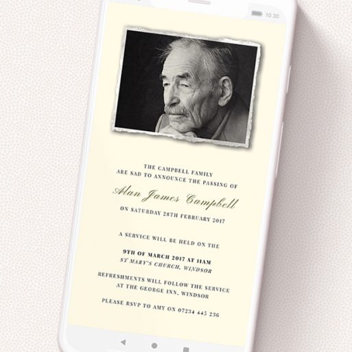 A funeral announcement for whatsapp design titled 'Torn Portrait'. It is a smartphone screen sized announcement in a portrait orientation. It is a photographic funeral announcement for whatsapp with room for 1 photo. 'Torn Portrait' is available as a flat announcement, with mainly cream colouring.