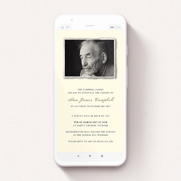 A funeral announcement for whatsapp design titled "Torn Portrait". It is a smartphone screen sized announcement in a portrait orientation. It is a photographic funeral announcement for whatsapp with room for 1 photo. "Torn Portrait" is available as a flat announcement, with mainly cream colouring.