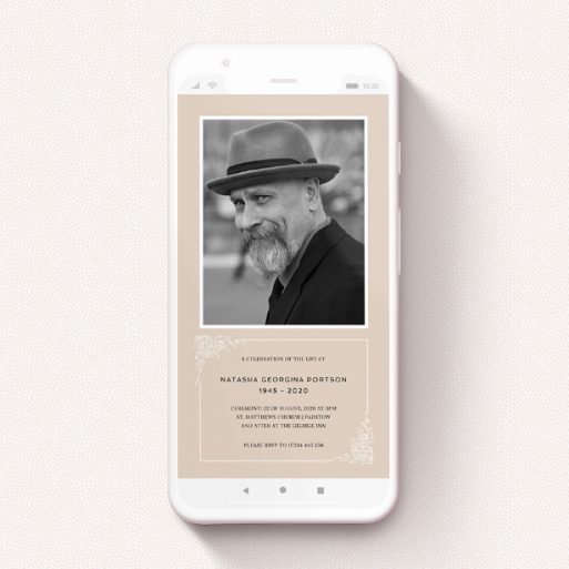 A funeral announcement for whatsapp template titled "White on Peach". It is a smartphone screen sized announcement in a portrait orientation. It is a photographic funeral announcement for whatsapp with room for 1 photo. "White on Peach" is available as a flat announcement, with mainly dark cream colouring.
