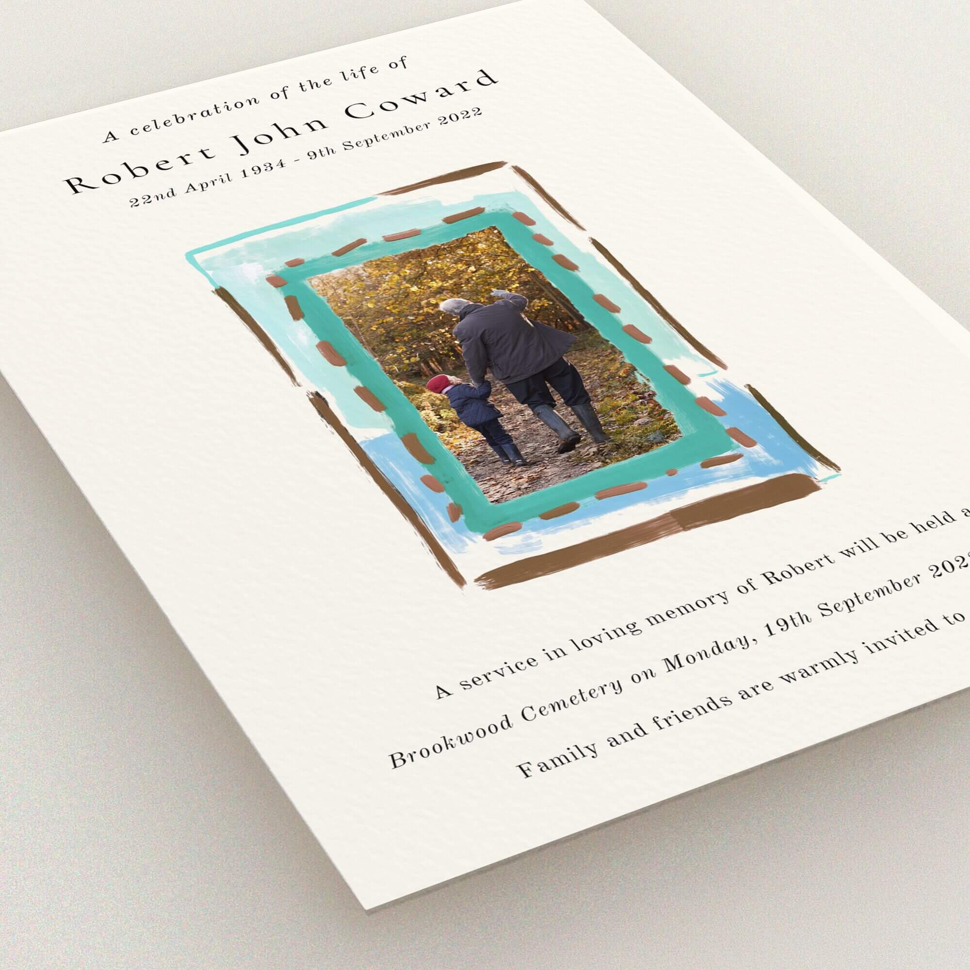 Funeral announcement design with one photo for a personalised memorial card.