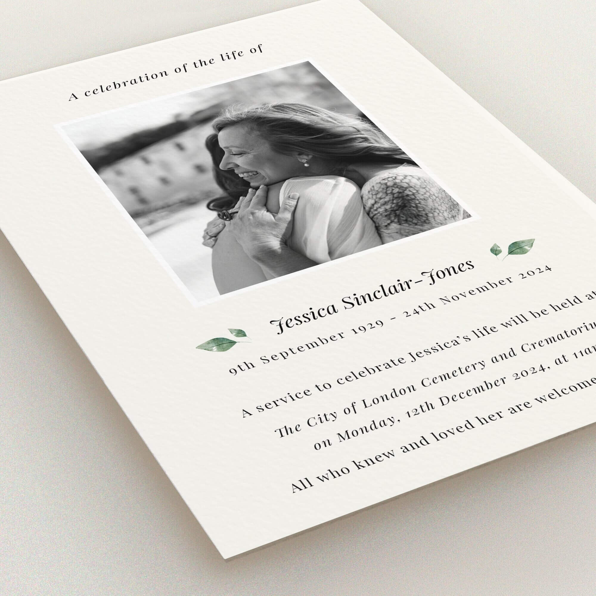 Funeral announcement card design with one photo for a personalised memorial service invitation.