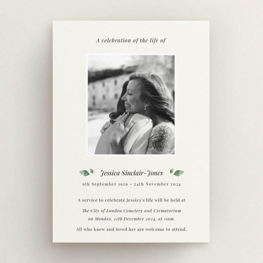 Funeral announcement card design with one photo for a personalised memorial service invitation.