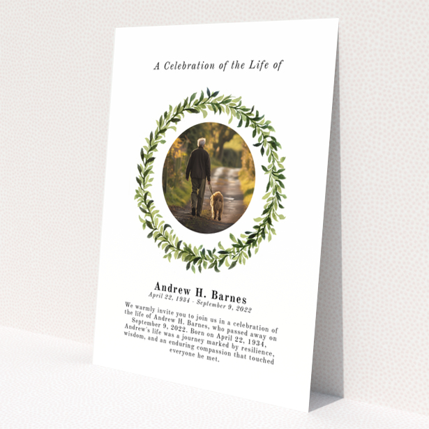 Funeral announcement design with one photo surrounded by greenery