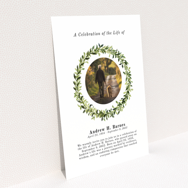 Funeral announcement reverse side design with service and wake details named Portrait