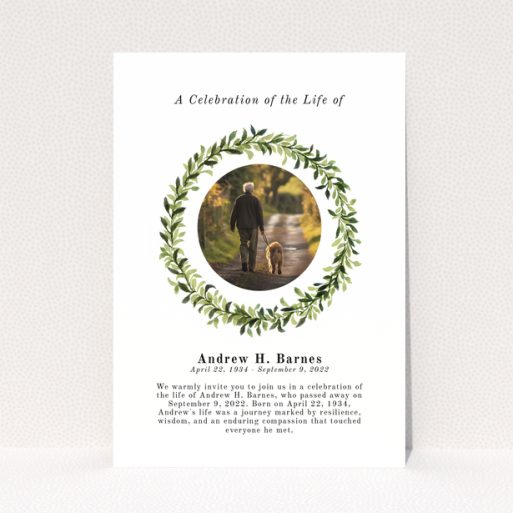 Funeral announcement design with one photo surrounded by greenery