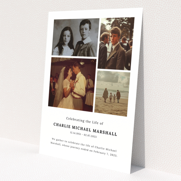 Funeral announcement design with four photos to celebrate the life of Charlie Michael Marshall.