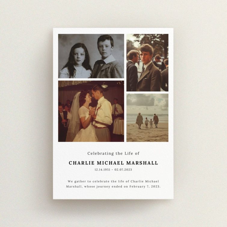 Funeral announcement design with four photos to celebrate the life of Charlie Michael Marshall.