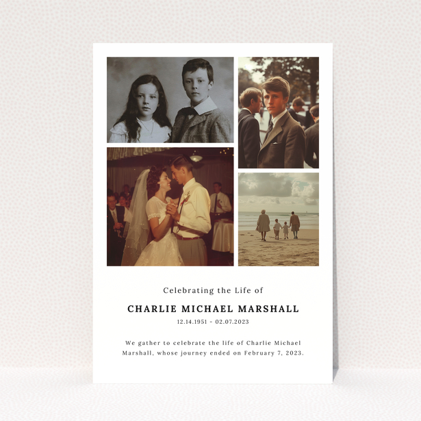 Funeral announcement design with four photos to celebrate the life of Charlie Michael Marshall.