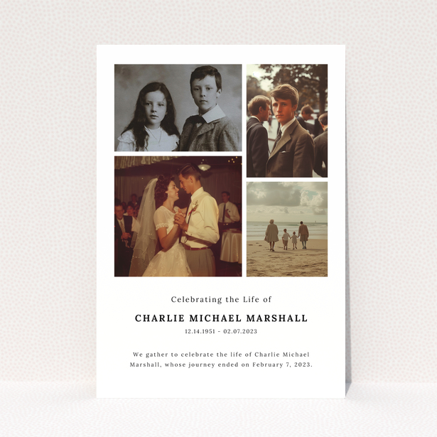 Funeral announcement design with four photos to celebrate the life of Charlie Michael Marshall.