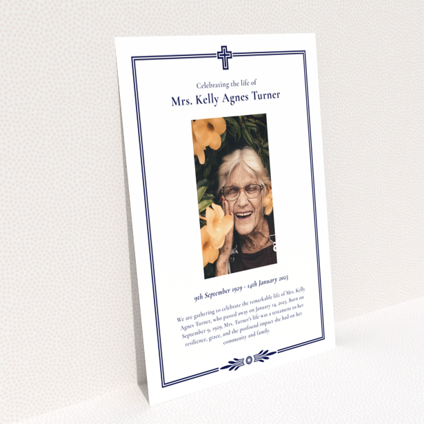 Funeral announcement back page with service and wake details design name Portrait