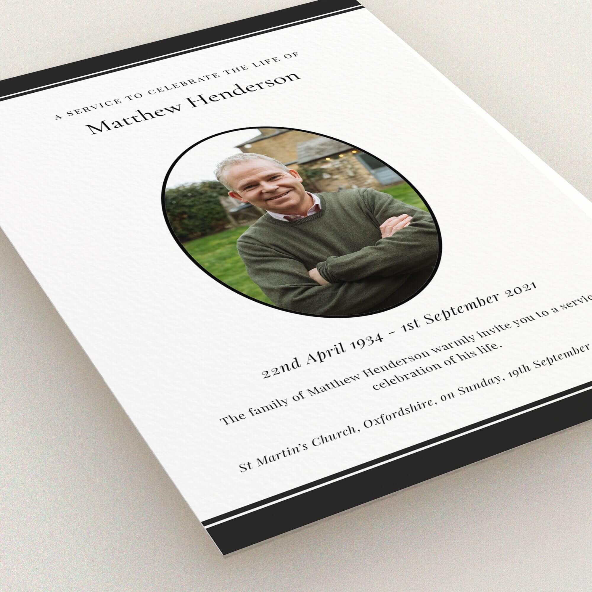 Funeral announcement card design featuring one photo for a memorial service celebration