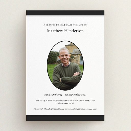 Funeral announcement card design featuring one photo for a memorial service celebration