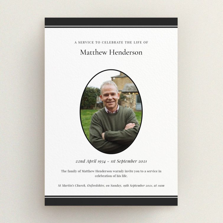 Funeral announcement card design featuring one photo for a memorial service celebration