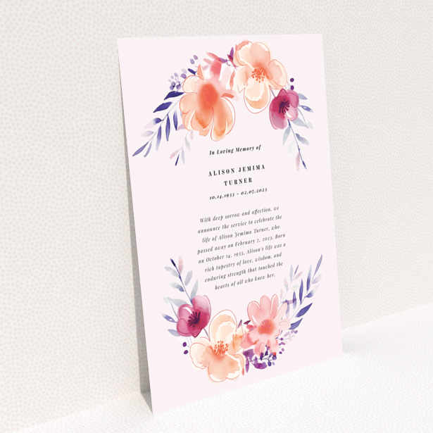 Funeral announcement with floral border design, featuring one photo
