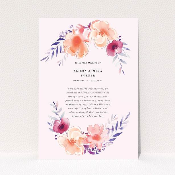 Funeral announcement with floral border design, featuring one photo