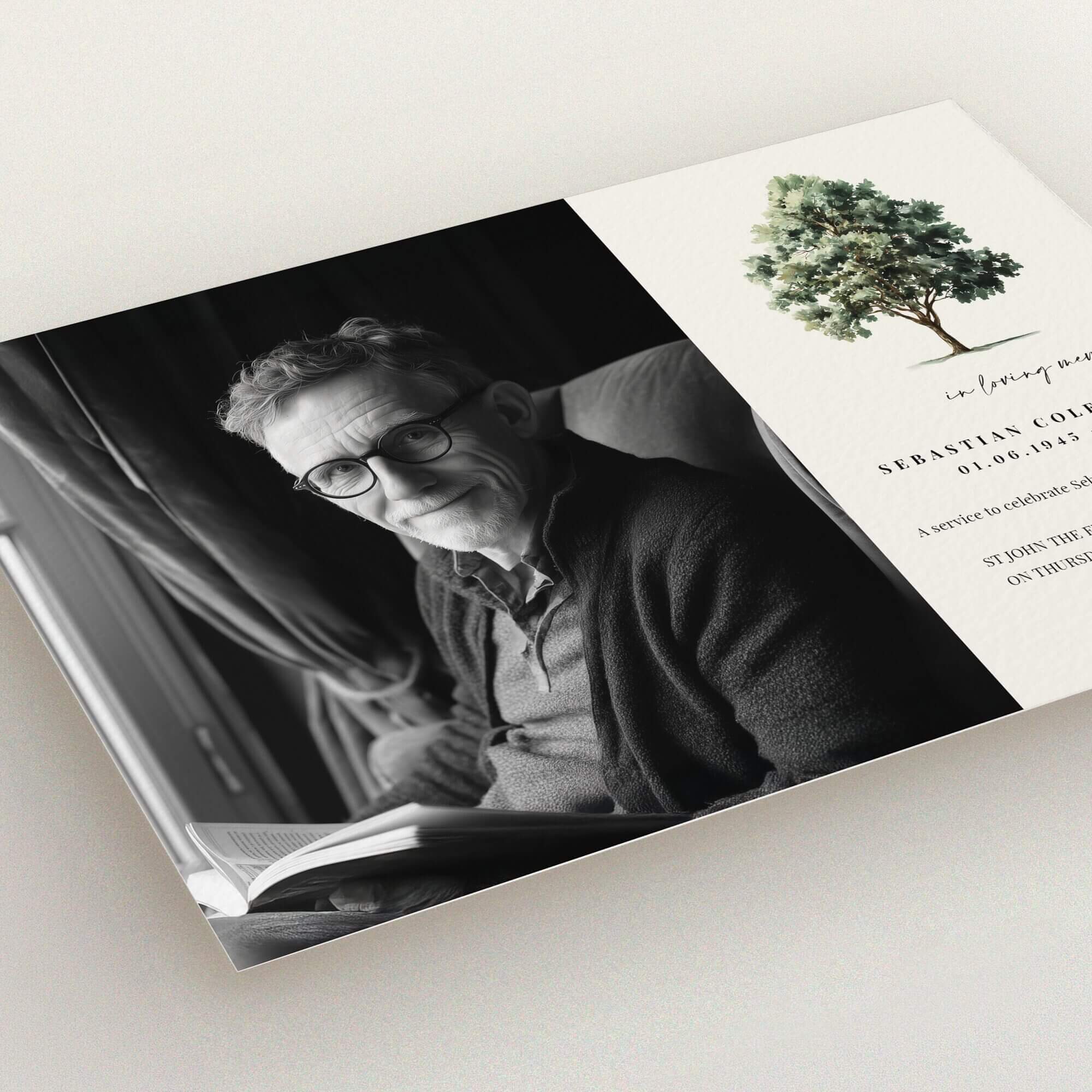 Funeral announcement with one photo and elegant tree design