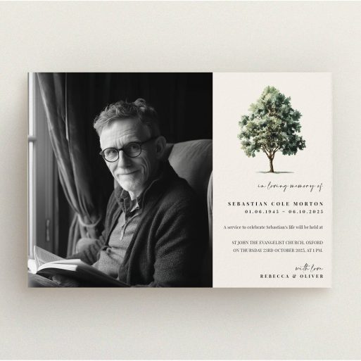Funeral announcement with one photo and elegant tree design
