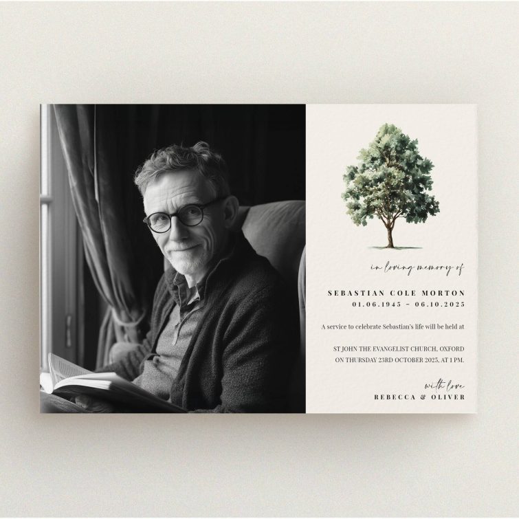 Funeral announcement with one photo and elegant tree design