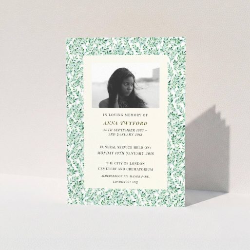 A funeral ceremony program template titled "Along the garden wall". It is an A5 booklet in a portrait orientation. It is a photographic funeral ceremony program with room for 1 photo. "Along the garden wall" is available as a folded booklet booklet, with mainly green colouring.