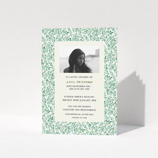 A funeral ceremony program template titled "Along the garden wall". It is an A5 booklet in a portrait orientation. It is a photographic funeral ceremony program with room for 1 photo. "Along the garden wall" is available as a folded booklet booklet, with mainly green colouring.