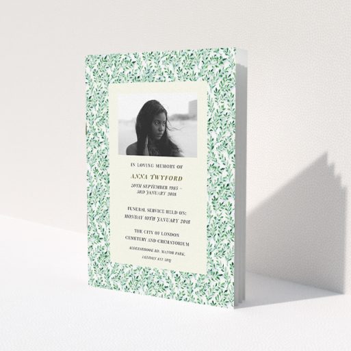 A funeral ceremony program template titled 'Along the garden wall'. It is an A5 booklet in a portrait orientation. It is a photographic funeral ceremony program with room for 1 photo. 'Along the garden wall' is available as a folded booklet booklet, with mainly green colouring.