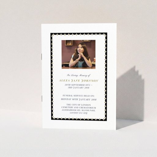 Funeral Ceremony Program Design - "Along the tower" A funeral ceremony program called "Along the tower". It is an A5 booklet in a portrait orientation. It is a photographic funeral ceremony program with room for 1 photo. "Along the tower" is available as a folded booklet booklet, with tones of black and white.