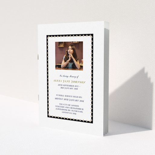 A funeral ceremony program called 'Along the tower'. It is an A5 booklet in a portrait orientation. It is a photographic funeral ceremony program with room for 1 photo. 'Along the tower' is available as a folded booklet booklet, with tones of black and white.