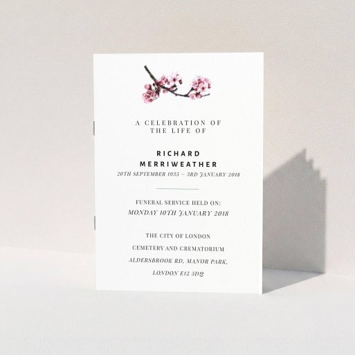 A funeral ceremony program named "Blossom not forgotten". It is an A5 booklet in a portrait orientation. "Blossom not forgotten" is available as a folded booklet booklet, with mainly white colouring.