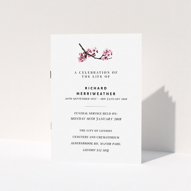 A funeral ceremony program named "Blossom not forgotten". It is an A5 booklet in a portrait orientation. "Blossom not forgotten" is available as a folded booklet booklet, with mainly white colouring.