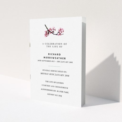 A funeral ceremony program named 'Blossom not forgotten'. It is an A5 booklet in a portrait orientation. 'Blossom not forgotten' is available as a folded booklet booklet, with mainly white colouring.