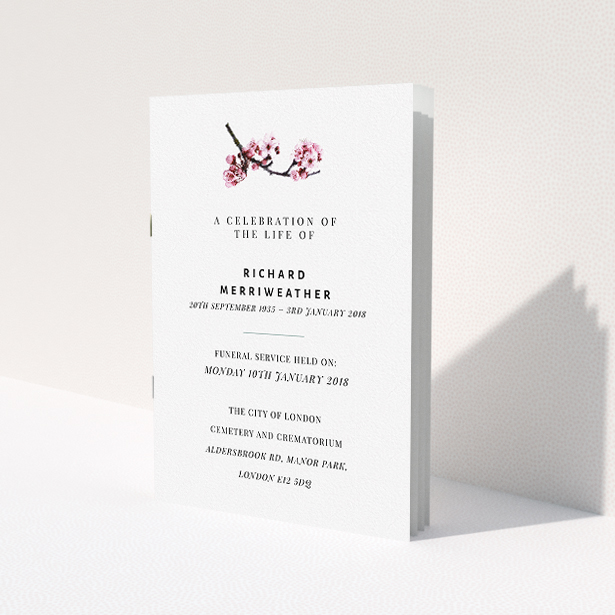 A funeral ceremony program named 'Blossom not forgotten'. It is an A5 booklet in a portrait orientation. 'Blossom not forgotten' is available as a folded booklet booklet, with mainly white colouring.