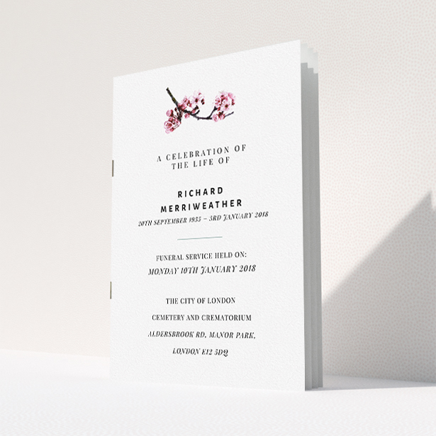A funeral ceremony program named "Blossom not forgotten". It is an A5 booklet in a portrait orientation. "Blossom not forgotten" is available as a folded booklet booklet, with mainly white colouring.