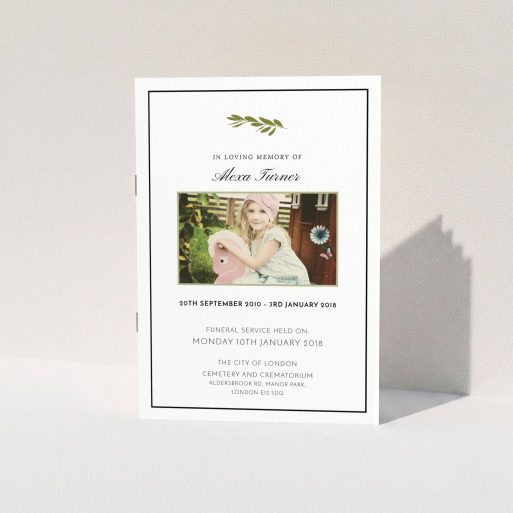 A funeral ceremony program design named "Branch of remembrance". It is an A5 booklet in a portrait orientation. It is a photographic funeral ceremony program with room for 1 photo. "Branch of remembrance" is available as a folded booklet booklet, with tones of white and olive green.