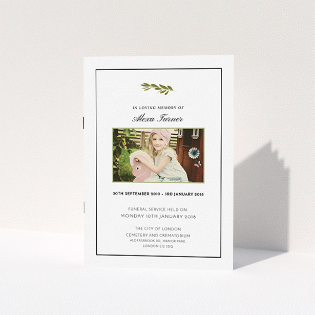 A funeral ceremony program design named "Branch of remembrance". It is an A5 booklet in a portrait orientation. It is a photographic funeral ceremony program with room for 1 photo. "Branch of remembrance" is available as a folded booklet booklet, with tones of white and olive green.