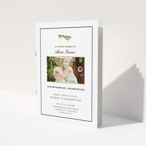 A funeral ceremony program design named 'Branch of remembrance'. It is an A5 booklet in a portrait orientation. It is a photographic funeral ceremony program with room for 1 photo. 'Branch of remembrance' is available as a folded booklet booklet, with tones of white and olive green.