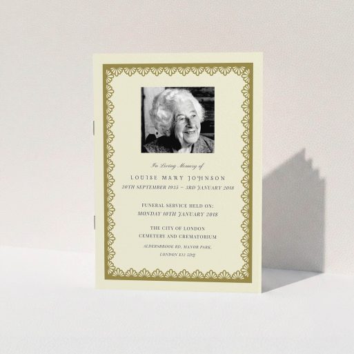 Funeral Ceremony Program Design - "Centre stage" A funeral ceremony program design called "Centre stage". It is an A5 booklet in a portrait orientation. It is a photographic funeral ceremony program with room for 1 photo. "Centre stage" is available as a folded booklet booklet, with tones of cream and gold.