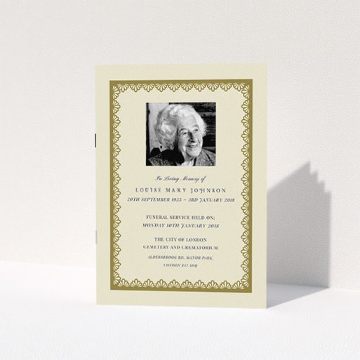 A funeral ceremony program design called "Centre stage". It is an A5 booklet in a portrait orientation. It is a photographic funeral ceremony program with room for 1 photo. "Centre stage" is available as a folded booklet booklet, with tones of cream and gold.