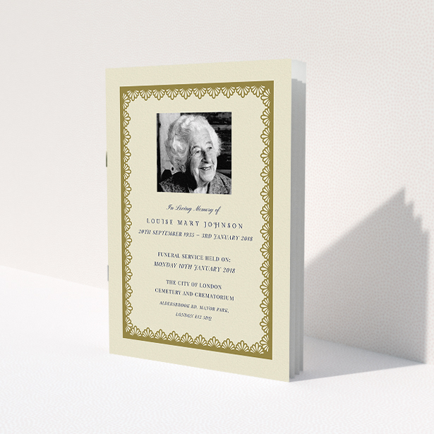 A funeral ceremony program design called 'Centre stage'. It is an A5 booklet in a portrait orientation. It is a photographic funeral ceremony program with room for 1 photo. 'Centre stage' is available as a folded booklet booklet, with tones of cream and gold.