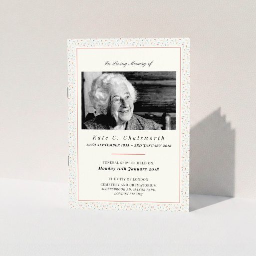 Funeral Ceremony Program Design - "Colours remembered" A funeral ceremony program design named "Colours remembered". It is an A5 booklet in a portrait orientation. It is a photographic funeral ceremony program with room for 1 photo. "Colours remembered" is available as a folded booklet booklet, with tones of light cream and green.