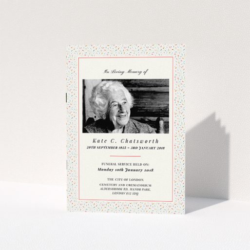 A funeral ceremony program design named "Colours remembered". It is an A5 booklet in a portrait orientation. It is a photographic funeral ceremony program with room for 1 photo. "Colours remembered" is available as a folded booklet booklet, with tones of light cream and green.
