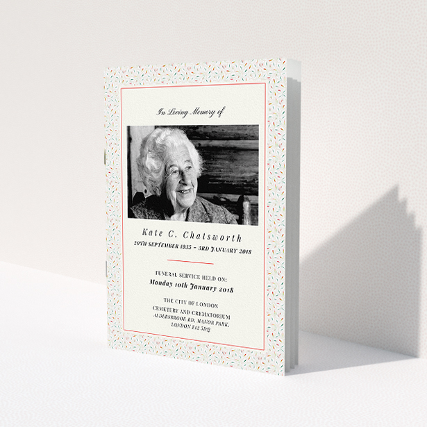 A funeral ceremony program design named 'Colours remembered'. It is an A5 booklet in a portrait orientation. It is a photographic funeral ceremony program with room for 1 photo. 'Colours remembered' is available as a folded booklet booklet, with tones of light cream and green.