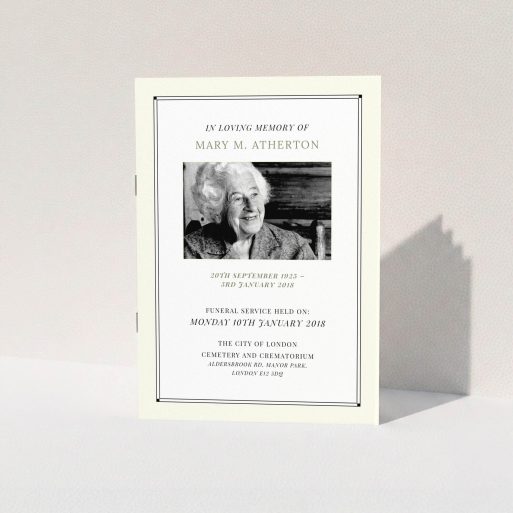 Funeral Ceremony Program Design - "Cream art deco" A funeral ceremony program design called "Cream art deco". It is an A5 booklet in a portrait orientation. It is a photographic funeral ceremony program with room for 1 photo. "Cream art deco" is available as a folded booklet booklet, with mainly cream colouring.