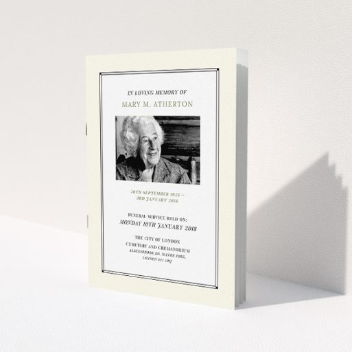 A funeral ceremony program design called 'Cream art deco'. It is an A5 booklet in a portrait orientation. It is a photographic funeral ceremony program with room for 1 photo. 'Cream art deco' is available as a folded booklet booklet, with mainly cream colouring.